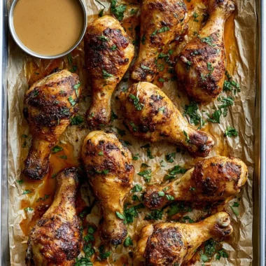 Juicy baked chicken legs served on a platter with herbs and spices.