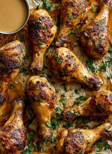 Juicy baked chicken legs served on a platter with herbs and spices.