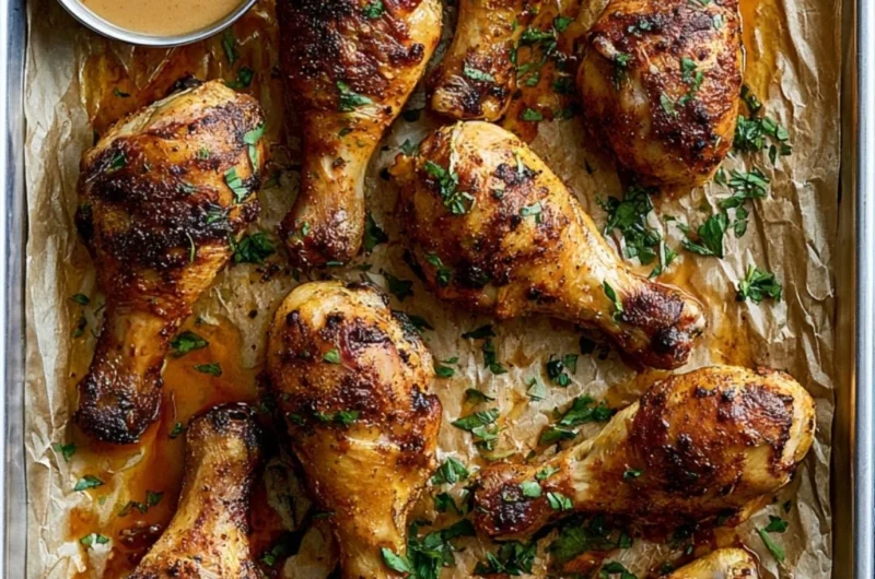 Juicy baked chicken legs served on a platter with herbs and spices.
