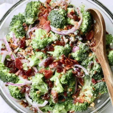 Bowl of Broccoli Bacon Salad, a Whole30 compliant dish with vibrant greens and crispy bacon.