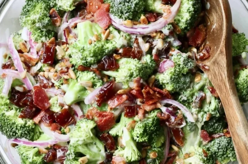 Bowl of Broccoli Bacon Salad, a Whole30 compliant dish with vibrant greens and crispy bacon.