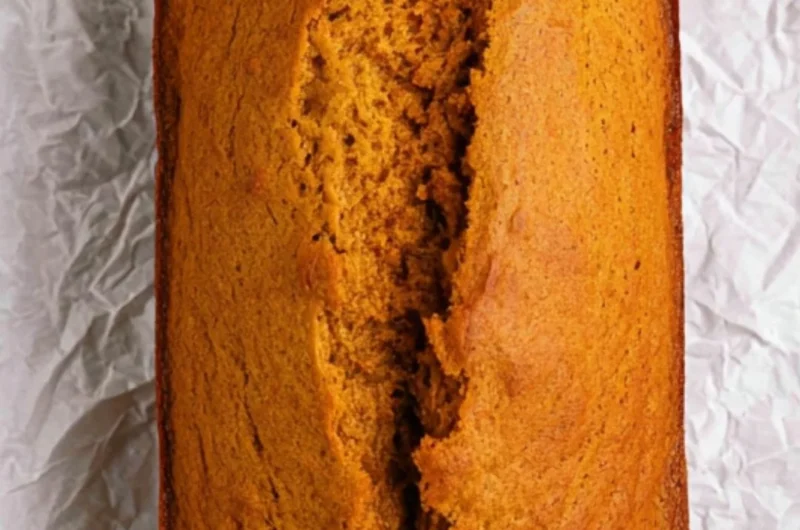 Slices of delicious homemade cake mix pumpkin bread on a wooden table