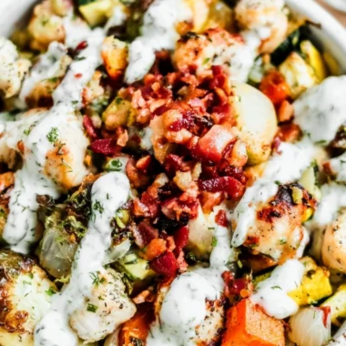 Delicious chicken bacon ranch salad with crispy bacon and creamy dressing