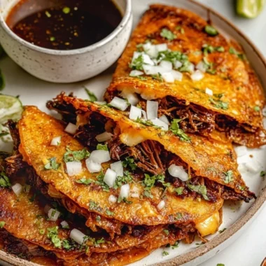 Delicious homemade birria tacos served with consomé and fresh toppings