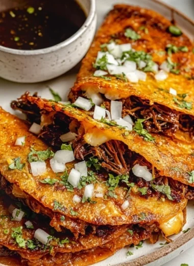 Delicious homemade birria tacos served with consomé and fresh toppings