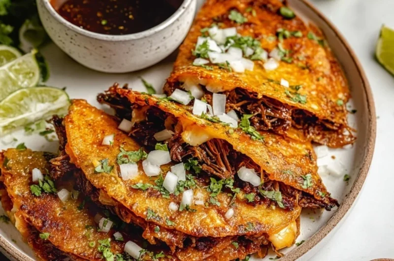 Delicious homemade birria tacos served with consomé and fresh toppings