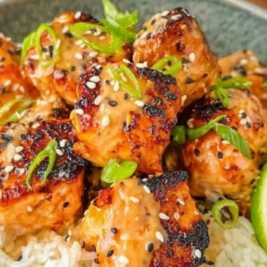 Cozy Bang Bang Salmon recipe served with vegetables on a plate