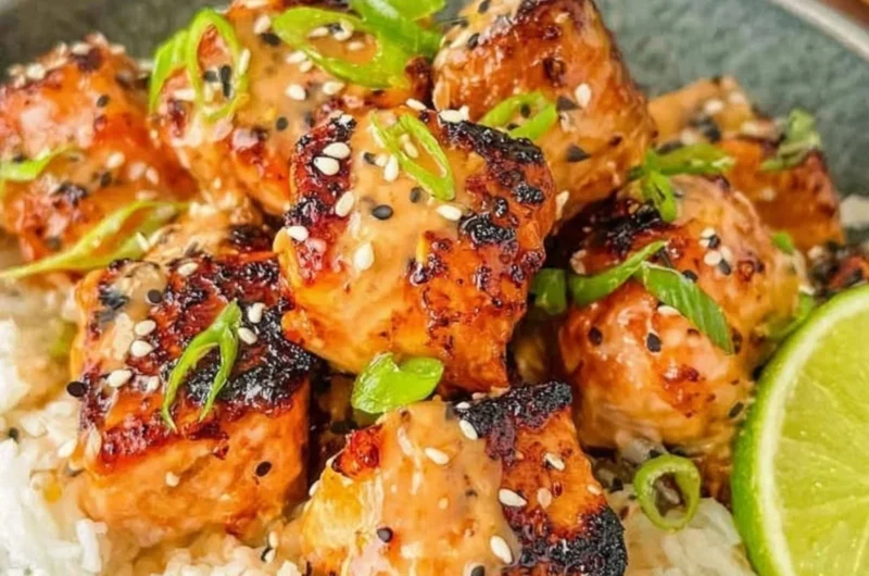 Cozy Bang Bang Salmon recipe served with vegetables on a plate