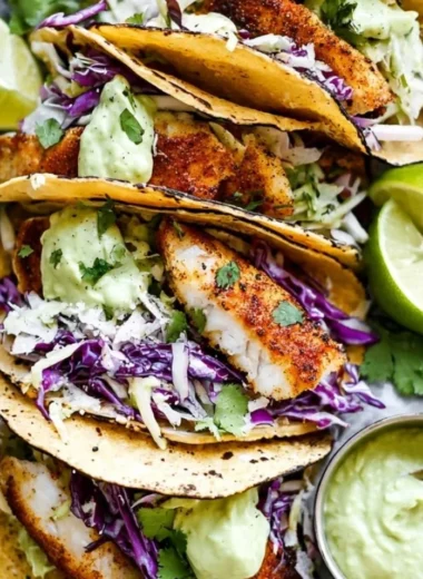 Delicious blackened fish tacos garnished with creamy avocado sauce and fresh ingredients