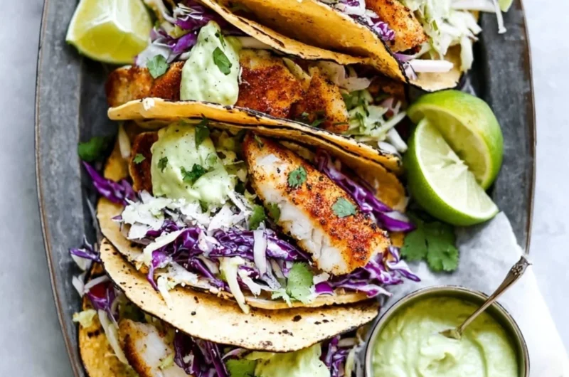 Delicious blackened fish tacos garnished with creamy avocado sauce and fresh ingredients