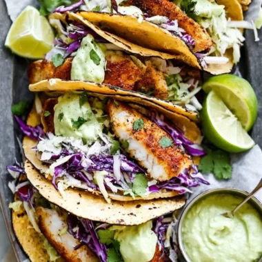 Cozy blackened fish tacos topped with avocado cream sauce on a plate