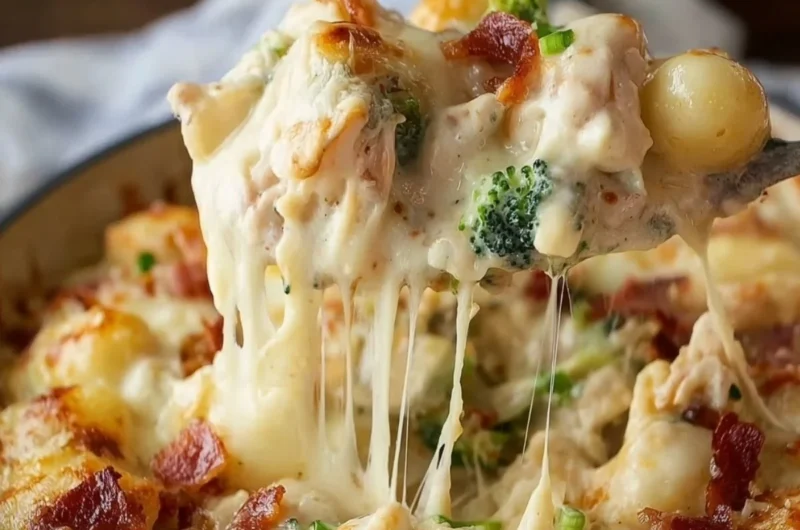 Cozy Loaded Chicken Alfredo Gnocchi Bake with creamy sauce, chicken, and gnocchi