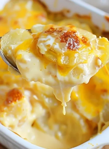 Cozy potatoes au gratin with creamy cheese and golden topping baked to perfection