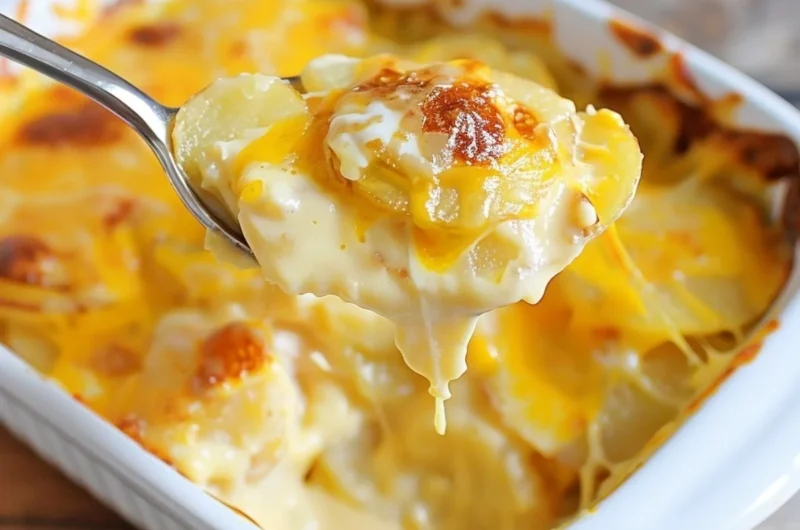 Cozy potatoes au gratin with creamy cheese and golden topping baked to perfection