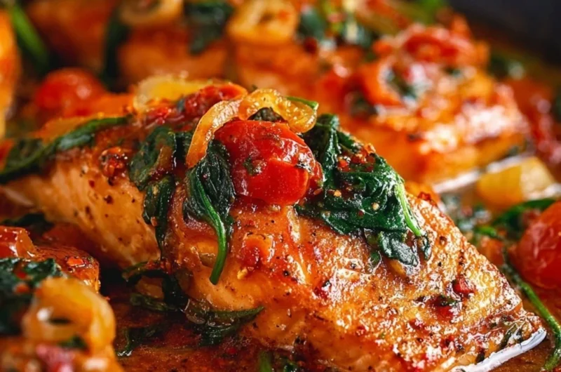 Delicious cozy Tuscan Garlic Salmon served with fresh herbs and lemon
