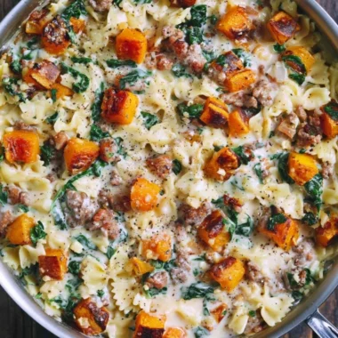 Creamy butternut squash pasta dish featuring sausage and spinach