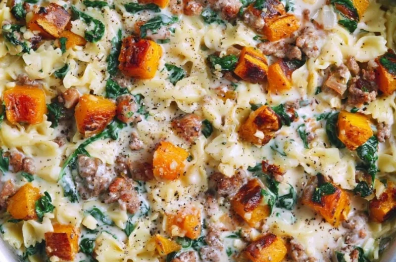 Creamy butternut squash pasta dish featuring sausage and spinach