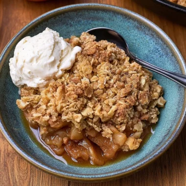 Delicious cast iron apple crisp in a skillet topped with oats and cinnamon