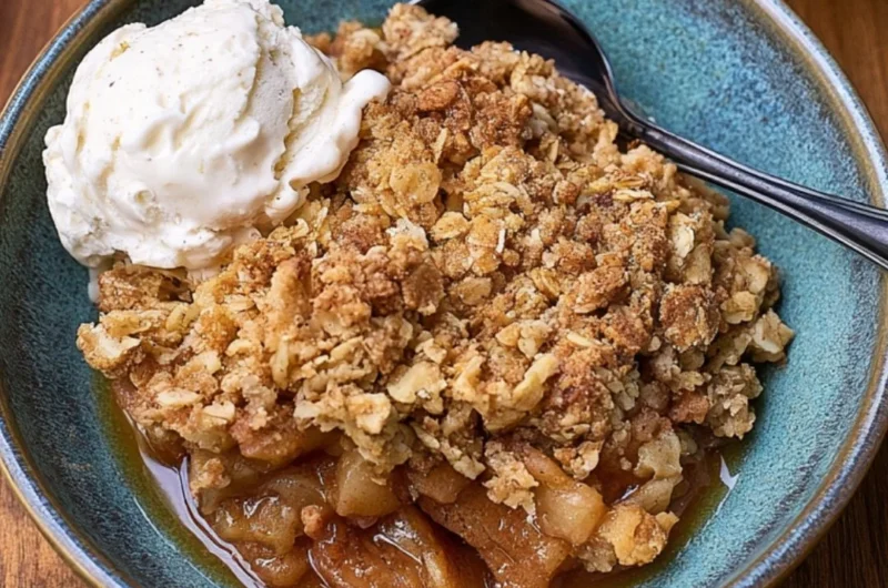 Delicious cast iron apple crisp in a skillet topped with oats and cinnamon