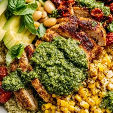 Deliciously cooked pesto chicken on a plate garnished with basil leaves.