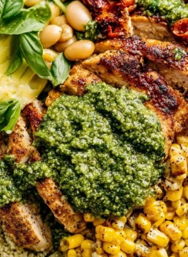 Deliciously cooked pesto chicken on a plate garnished with basil leaves.