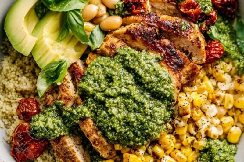 Deliciously cooked pesto chicken on a plate garnished with basil leaves.