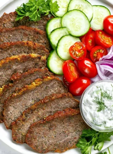 Tasty beef and lamb gyros served with fresh vegetables and pita bread