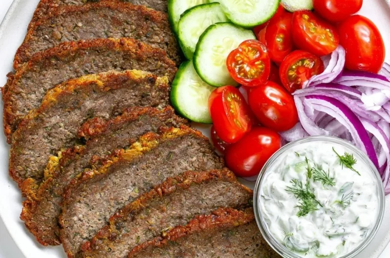 Tasty beef and lamb gyros served with fresh vegetables and pita bread