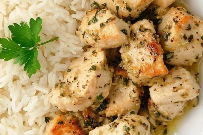Plate of easy garlic chicken bites garnished with herbs