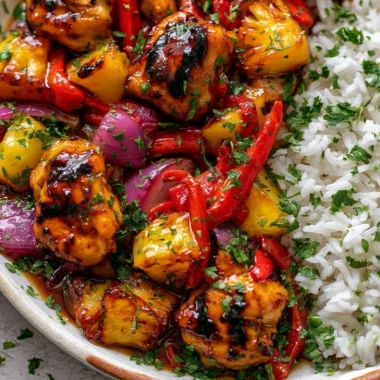Hawaiian Chicken Sheet Pan dinner with vegetables and pineapple