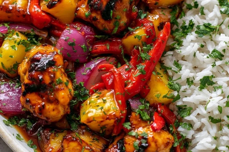 Hawaiian Chicken Sheet Pan dinner with vegetables and pineapple