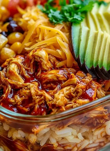 High-protein chicken enchilada bowls garnished with fresh herbs and avocado