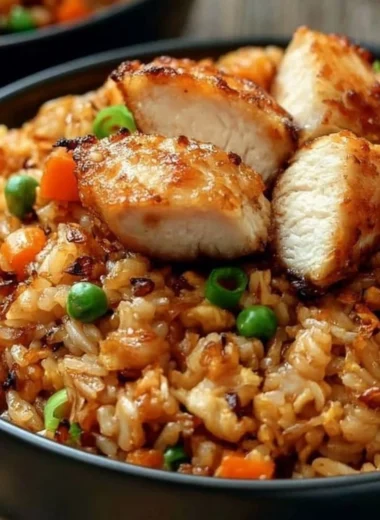 High Protein Crispy Garlic Chicken Fried Rice served in a bowl with vegetables