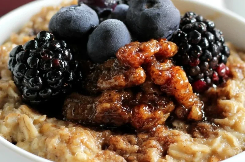 Delicious Maple & Brown Sugar Baked Oatmeal served in a bowl with toppings