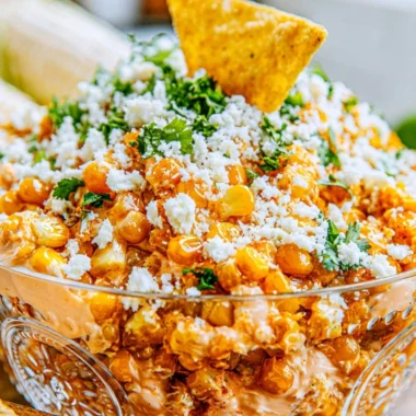 Creamy Mexican street corn dip served in a bowl with garnishes.