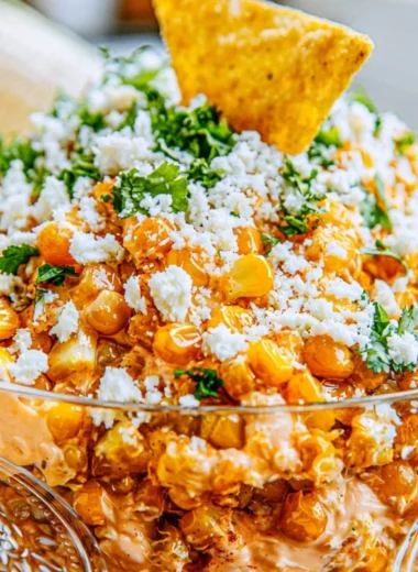 Creamy Mexican street corn dip served in a bowl with garnishes.
