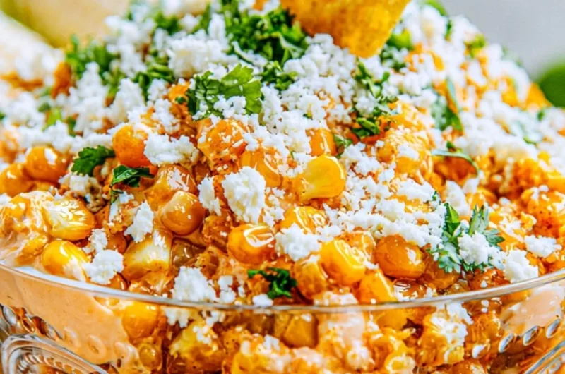 Creamy Mexican street corn dip served in a bowl with garnishes.