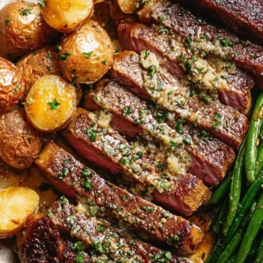 Oven Roasted Rib-Eye Steak served with herbs and spices