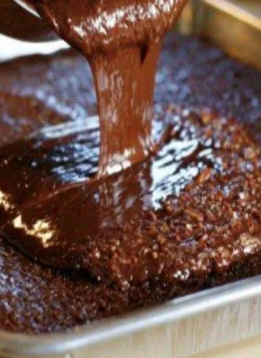 Slice of Pioneer Woman's chocolate sheet cake with chocolate frosting