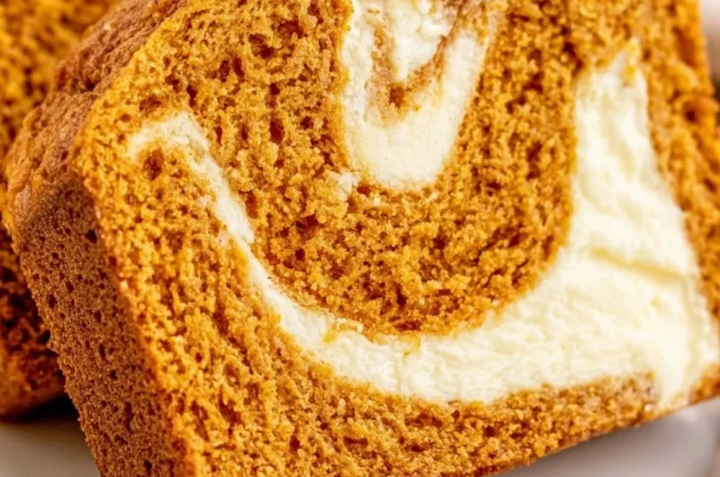 Delicious slice of pumpkin bread topped with cream cheese frosting.