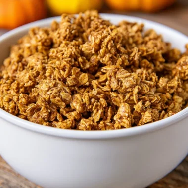 Homemade Pumpkin Spice Granola with nuts and spices in a bowl