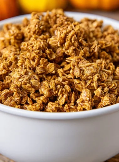 Homemade Pumpkin Spice Granola with nuts and spices in a bowl