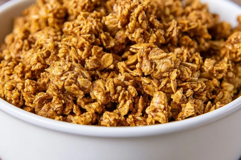 Homemade Pumpkin Spice Granola with nuts and spices in a bowl