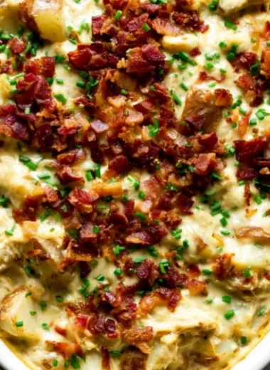 Savory creamy chicken potato casserole with cheese and herbs