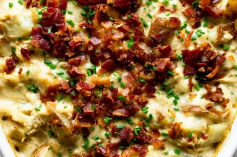 Savory creamy chicken potato casserole with cheese and herbs