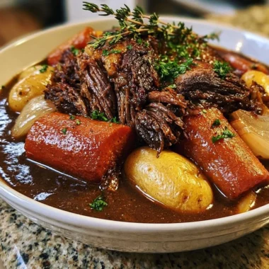 Delicious slow cooker pot roast with vegetables prepared in a rich gravy.