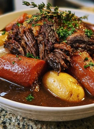 Delicious slow cooker pot roast with vegetables prepared in a rich gravy.