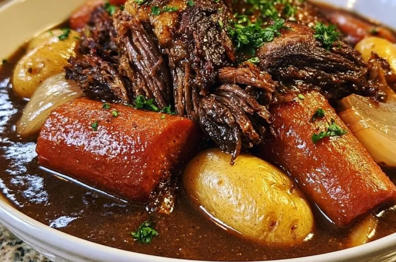 Delicious slow cooker pot roast with vegetables prepared in a rich gravy.