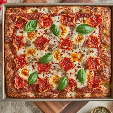 Sourdough discard focaccia-style pizza topped with fresh ingredients