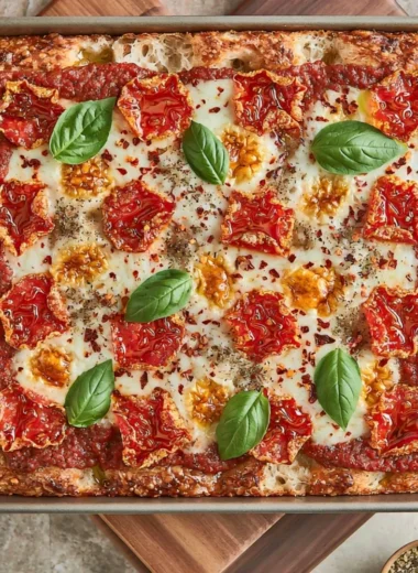 Sourdough discard focaccia-style pizza topped with fresh ingredients